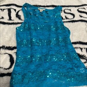 Blue Sequin Lace Tank Top